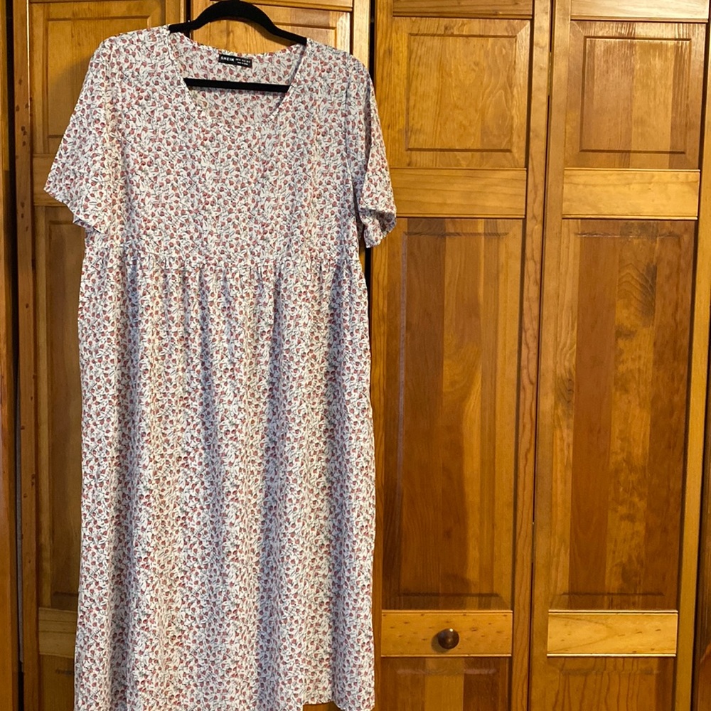 SHEIN dress, white and pink floral, short sleeves.